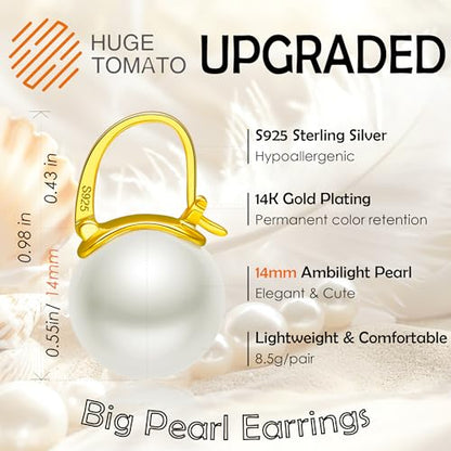 HUGE TOMATO 925 Sterling Silver Simulated Shell Pearl Earrings for Women Trendy, Big Pearl Drop Earrings Leverback Stud,18K Gold Plated Large Pearl Hoop Dangle Hypoallergenic Jewelry 14mm - color: Opal