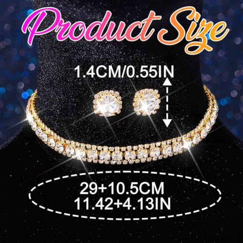 CLOACE Rhinestone Bridal Wedding Jewelry Set Sparkly Chocker Necklaces Earrings Prom Jewelry Accessories for Women - color: Gold