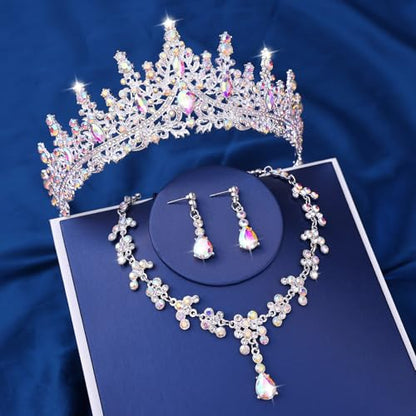 Crystal Crown and Tiara Jewelry Set for Women Bride with Necklace Earrings | Metal Rhinestone Royal Queen Princess Jewelry Set Wedding Quinceanera Pageant Prom Birthday Halloween Party Costume Gift - color: Silver AB