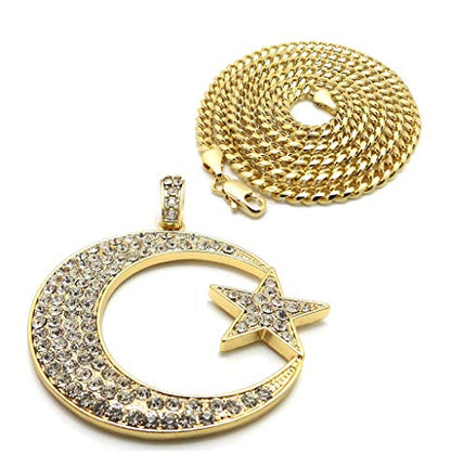Fashion 21 Unisex Iced Out Crescent Moon & Star Pendant 24" Various Chain Necklace in Gold, Silver Tone - color: Gold / 3mm 24" Cuban Chain