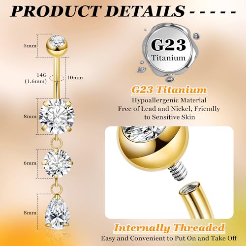 14G G23 Titanium Dangle Belly Button Ring for Women Dangling Navel Rings Hypoallergenic Teardrop Shiny CZ Belly Ring Internally Threaded Navel Piercing Jewelry - color: Gold