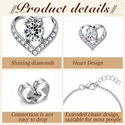 3 Pcs Heart Bow Snow Jewelry Set | Heart Necklace with Bracelet Earring, Snow Jewelry Set for Women, Bow Charms Toggle Gifts - color: Silver, style: Heart Diamond
