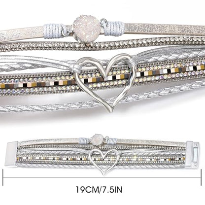Suyi Multilayer Leather Wrap Bracelet Heart-Shape Wide Bracelets for Women - color: Color Silver