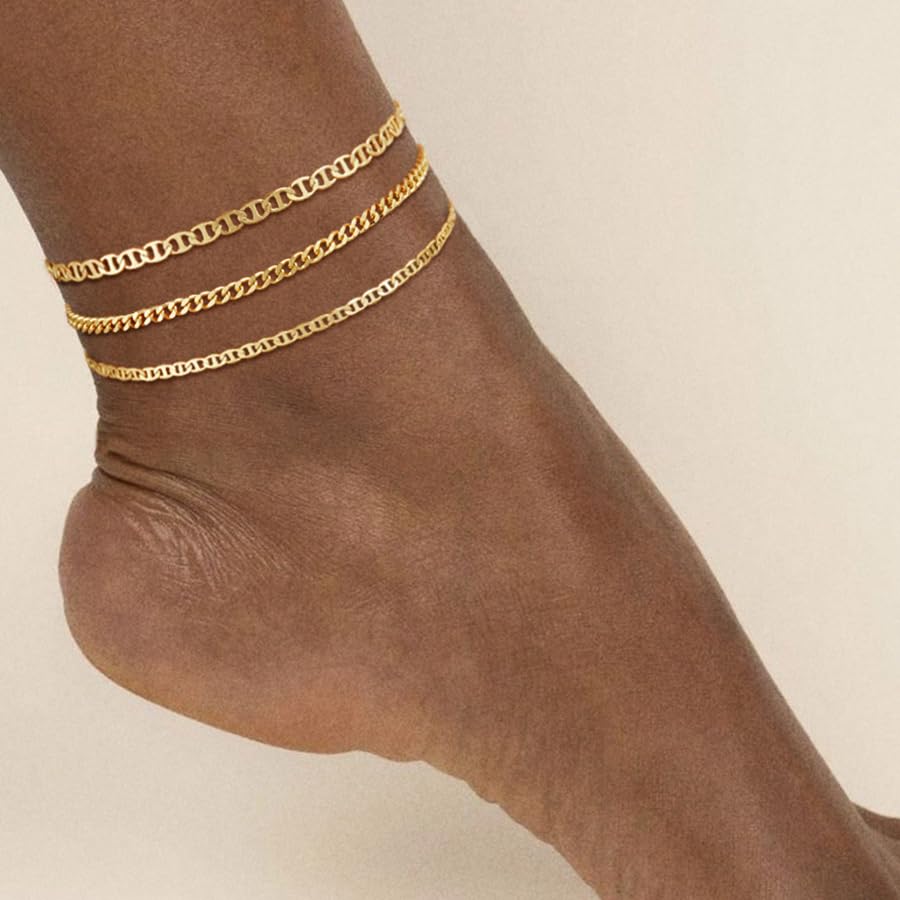 Gold Ankle Bracelets for Women Waterproof,14k Gold Plated Anklet Set 3PCS Cuban Mirror Dainty Anklets Summer Beach Gift