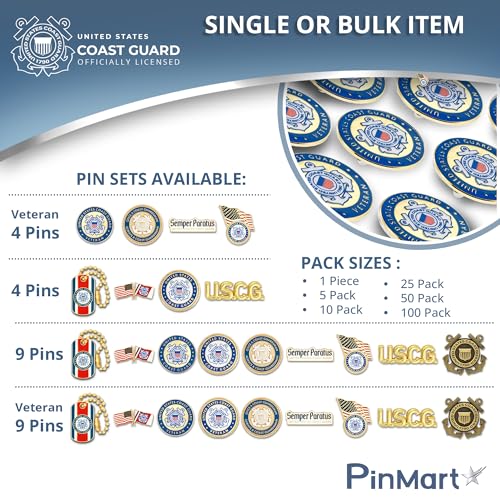 Officially Licensed U.S. Coast Guard Pin - color: Set of 9 pins Veteran Gold Plated, size: 9pc Set