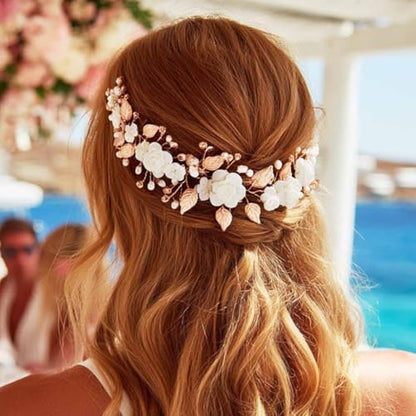 Flower Bride Wedding Hair Vine Pearl Bridal Hair Piece Leaf Hair Accessories Rhinestone Headband for Women (Rose Gold) - color: Rose Gold