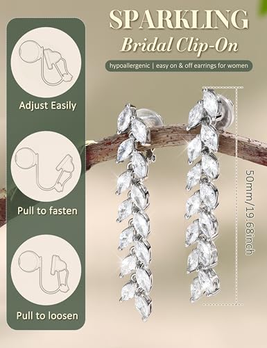 Florideco Silver Plated Clip On Earrings Wedding Dangle Earrings for Women - color: S-Long Leaves