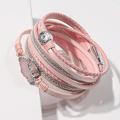 Artilady Leather Wrap Bracelet for Women, Pearl Beaded Bangle Stack Jewelry | Easy on-off, Elegant Handmade Multi-Layered, Daily Casual Date Beach Vacation, Gift for Ladies, Mother, Sister & Friend - style: Pink