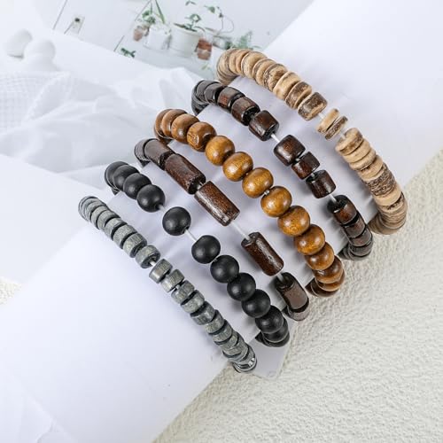 Wooden Mens Beaded Bracelets Adjustable Elasticity Mens Bracelet Multi-Layer Detachable Beaded Bracelets for Men - color: T-001