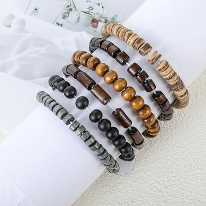 Wooden Mens Beaded Bracelets Adjustable Elasticity Mens Bracelet Multi-Layer Detachable Beaded Bracelets for Men - color: T-001