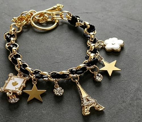 Braided Faux Leather Bracelet for Women Alloy Star & Floral Charm Wristband Fashion Jewelry for Travel, Parties & Casual Outings