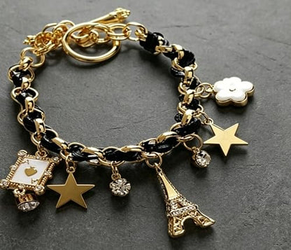 Braided Faux Leather Bracelet for Women Alloy Star & Floral Charm Wristband Fashion Jewelry for Travel, Parties & Casual Outings