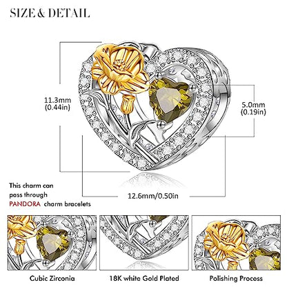 Birth Flower Birthstone Charm for Pandora Charms Bracelets Necklace 925 Sterling Silver Heart Love Charm Birthday Mother's Day Christmas Jewelry Gifts - color: 08-August