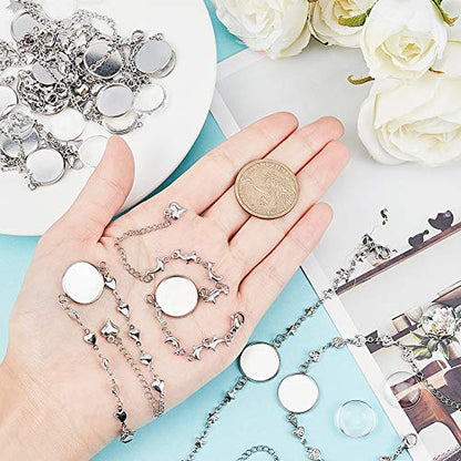 PH PandaHall 28 pcs Bracelet Bezel Settings for Jewelry DIY Craft Making | 14 pcs 7 Styles 304 Stainless Steel Bezel Bracelets Blank Tray Bangles, 14 pcs 16mm Flat Round Clear Glass Cabochons