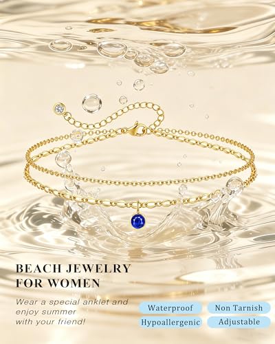 ZHESHY Ankle Bracelets for Women Gold Layered Anklets with Birthstone | 14K Gold Plated Dainty Waterproof Non Tarnish Chain Anklet Bracelets Summer Beach Jewelry Birthday Gifts - color: 09.Dark Blue September
