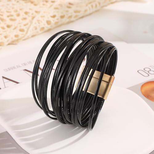 Edoneery Leather Wrap Bracelets for Women, Boho Layered Cuff Bangle | Multi-layer Leather Cuff, Daily wear, Stackable Bangle, Easy on-off, Western Jewelry Gifts for Women - color: Black-3