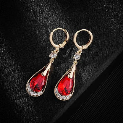 Trendy Austrian Crystal Teardrop Drop Huggie Dangle Earrings for Women 14k Rose Gold Plated Hypoallergenic Jewelry Gifts - color: Red