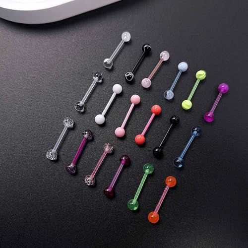 18Pcs 14G Acrylic Tongue Barbells Rings Candy Color Tongue Piercing Jewelry Glow in Dark Plastic Flexible Nipple Ring Straight Barbell for Women Men 16mm