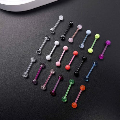 18Pcs 14G Acrylic Tongue Barbells Rings Candy Color Tongue Piercing Jewelry Glow in Dark Plastic Flexible Nipple Ring Straight Barbell for Women Men 16mm