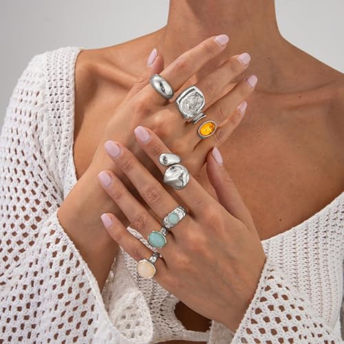 Chunky Rings for Women Stackable Vintage Adjustable Rings for Women Gold Statement Stone Ring Set Non Tarnish Vintage Jewelry - style: Silver