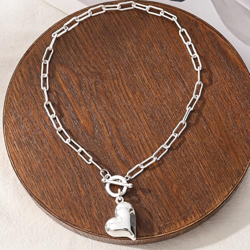 14K Gold Plated Two Sides Carved Stone Heart Shape Necklace for Women Love Pendant Necklace Jewelry for Daily and Gifts - color: Silver Heart