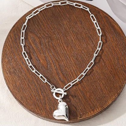 14K Gold Plated Two Sides Carved Stone Heart Shape Necklace for Women Love Pendant Necklace Jewelry for Daily and Gifts - color: Silver Heart