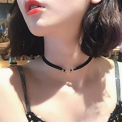 PAURO Women's Black Velvet Ribbon Choker Necklace for with Gold/Silver O | Stainless Steel,Classic Charm Jewelry - color: Round-Silver
