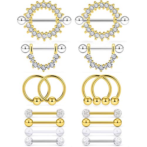 Cisyozi 16G 14G Nipple Piercing Jewelry Tongue Rings Hypoallergenic Surgical Steel Screw Nipple Tongue Shield Ring Barbell Body Piercing Jewelry Retainer for Women 9/16 Inch 14mm - color: H:8Pairs-16g(1.2mm)-Gold
