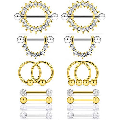 Cisyozi 16G 14G Nipple Piercing Jewelry Tongue Rings Hypoallergenic Surgical Steel Screw Nipple Tongue Shield Ring Barbell Body Piercing Jewelry Retainer for Women 9/16 Inch 14mm - color: H:8Pairs-16g(1.2mm)-Gold