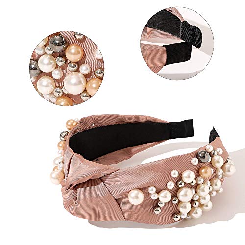 Ivyu Headbands - Knotted Pearl Diademas Para Mujer De Moda Hair Accessories Hairbands for Girls No Slip Fashion Cute Top Knot Headband Gift for Women Black Pink Gold - color: Black Pink Beige