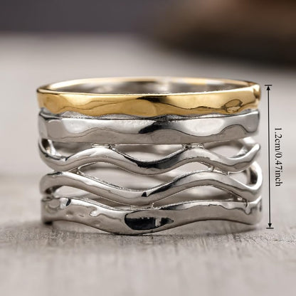 Simple Two Tone Wide Rings for Women Multilayer Wave Twisted Rings Daily Party Personality Rings Jewelry - color: silver&gold