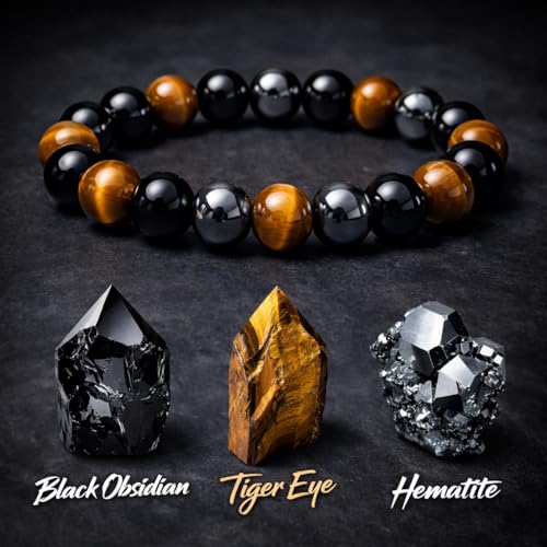 WFJ Black Obsidian Hematite Triple Protection Bracelets Set - Tiger Eye Beaded Natural Stone Bracelet for Men Women Gemstone (10MM) - color: Triple Protection Set of 2 – Men’s M–L Wrist
