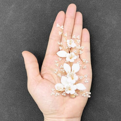 White Bridal Hair Clip Wedding Pearl Ceramic Flower Leaf Hair Piece Accessories for Women Girls