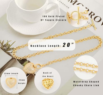 Aobei Pearl 18K Gold Plated Moon Star Lion Evil Eye Love Heart Cross Pendant Necklace Medallion Paperclip Chian Choker Layering Jewery for Women - color: Clear CZ Golden Heart
