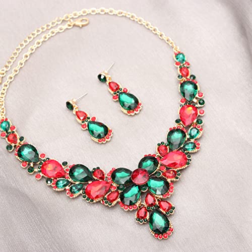 Women's Wedding Bridal Austrian Crystal Glass Teardrop Statement Necklace Dangle Earrings Bracelet Ring Wedding Party Jewelry Set for Bridal Bridesmaid - color: Multicolor-Gold Plated