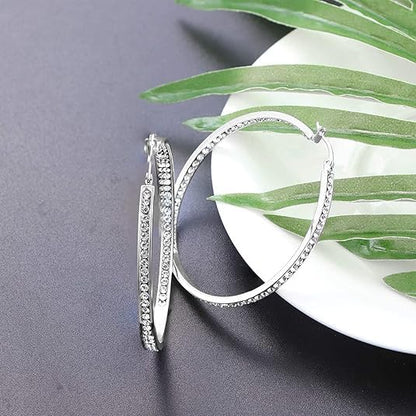 Stainless Steel Inside Out 40mm Hoop Earrings for Women – Sparkling CZ Crystal Hoops, Hypoallergenic, Lightweight, Modern Everyday Earrings – Silver, 18K Gold Plated, & Black Options - color: Silver