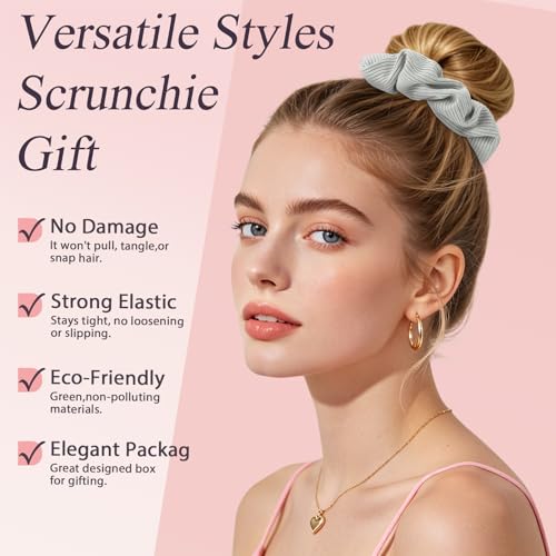 Ribbed Knit Scrunchies, Soft Stretchy Fabric Hair Ties, Neutral Solid Colors (Beige, Sage, Gray) No Crease for Women, Thick & Thin Hair, Everyday Casual & Workout Use - color: Set 16
