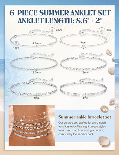 Subiceto Ankle Bracelets for Women Waterproof - 14K Gold Plated Non Tarnish Anklets Set Dainty Stainless Steel Stackable Layered for Beach Summer Jewelry Adjustable - color: 6Pcs-Silver