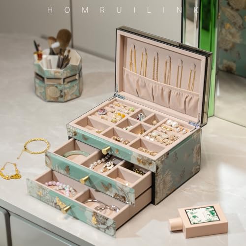 High End Glass Jewelry Box, 3 Layer Jewelry Organizer, Velvet-Lined Case For Ring, Necklace, Earring, Bracelet Storage,Ideal Gift for Her (Bird & Floral) | Large Jewelry Organizer, Velvet-Lined Case, For Ring, Necklace, Earring, Bracelet Watches Storage,