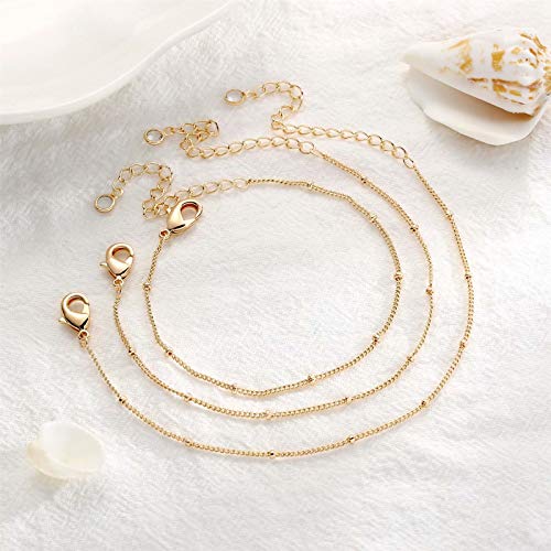 Dainty Gold Bracelets for Women, 14K Gold Plated Adjustable Layered Beads Bracelet Cute Evil Eye Oval Chain Pearl Bar Turtle Gold Bracelets for Women Jewelry - style: Beads Chain-Gold