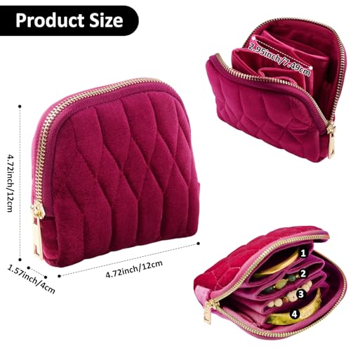 KALUYA shunmei Small Jewelry Travel Case, Diamond Quilted Velvet, Dark Red | 4.72"x4.72" bag with zipper, 5-layer velvet organizer pouch, for bangle, bracelet, earring, necklace, ring, for women girls - color: Dark Red