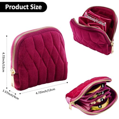 KALUYA shunmei Small Jewelry Travel Case, Diamond Quilted Velvet, Dark Red | 4.72"x4.72" bag with zipper, 5-layer velvet organizer pouch, for bangle, bracelet, earring, necklace, ring, for women girls - color: Dark Red