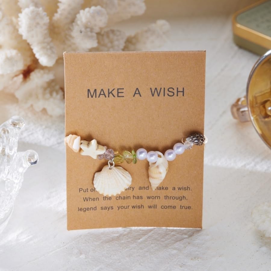 Handmade Natural Shell Starfish Beads Bracelets with a Wish Card Bohemia Sweet Seashell Conch Pearl Charm Bracelets for Women Boho Sea Themed Summer Beach Surfer Vacation Jewelry Gifts - style: StyleH