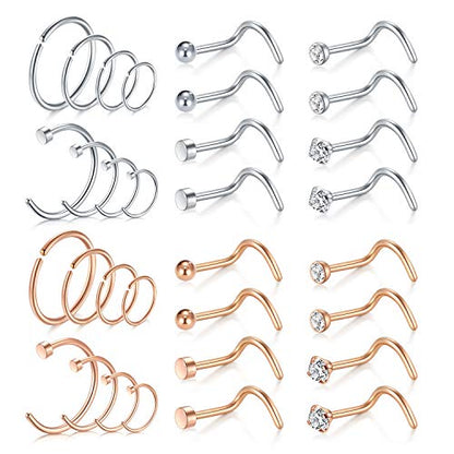 Mayhoop 20g Nose Rings Hoops And Studs For Women Men - Hypoallergenic 316L Surgical Stainless Steel L Shape Nose Screw Bone Silver Rose Gold Black Rainbow Pack 28Pcs - color: Nose screw(Silver+Rose gold)