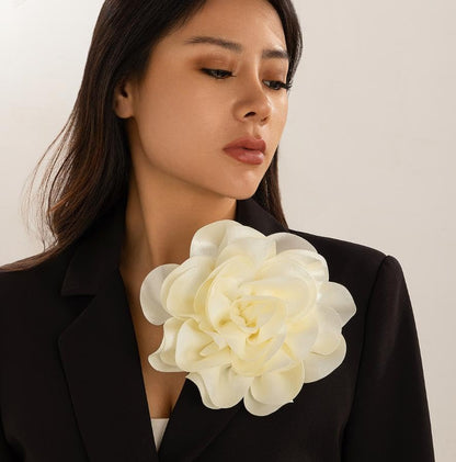 Dainty Satin Fabric Rose Flower Brooches 7.5in Extra Large Big Camellia Flower Brooches Lapel Pins for Women Wedding Party Dance Dress Clothes Accessories - color: Beige