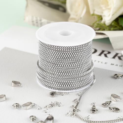 Kyutong 10M Silver Box Chain Links with Bulk Stainless Steel Necklace Chain | 32.8 Feet Silver Craft Chains with Lobster Clasps Pinch Clip Clasps for DIY Handcraft Jewelry Making - color: Silver-8