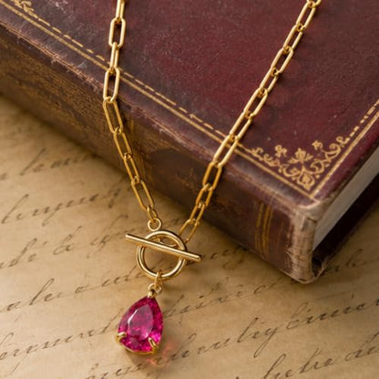 Teardrop CZ Pendant Paperclip Chain Necklace 18K Plated Paperclip Toggle Necklace Jewelry Birthstone Gift for Women - color: Ruby-July
