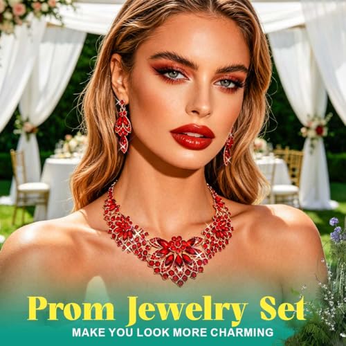 Yonamix Gold Jewelry Set Wedding Rhinestone Necklace Sets for Women | Formal Prom Dinner Party Gala Night Crystal Flower Necklaces Earrings - color: D Red