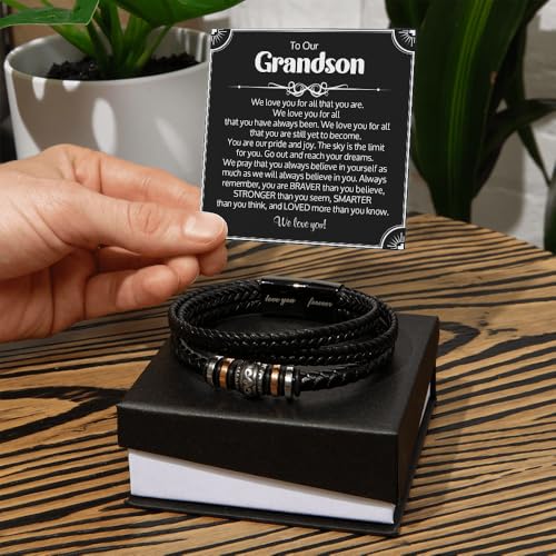 To Our Grandson Bracelet from Grandpa and Grandma - Love You Forever Engraved Leather Wristband with Inspirational Message Card - Sentimental Birthday Graduation Gift for Men, Teen - color: Version-07