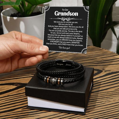 To Our Grandson Bracelet from Grandpa and Grandma - Love You Forever Engraved Leather Wristband with Inspirational Message Card - Sentimental Birthday Graduation Gift for Men, Teen - color: Version-07